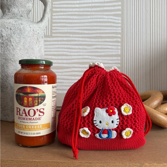 Sanrio, Hello Kitty Red Open Knit Pull String Tote Bag with Patch, 2000 - Picture 3 of 3